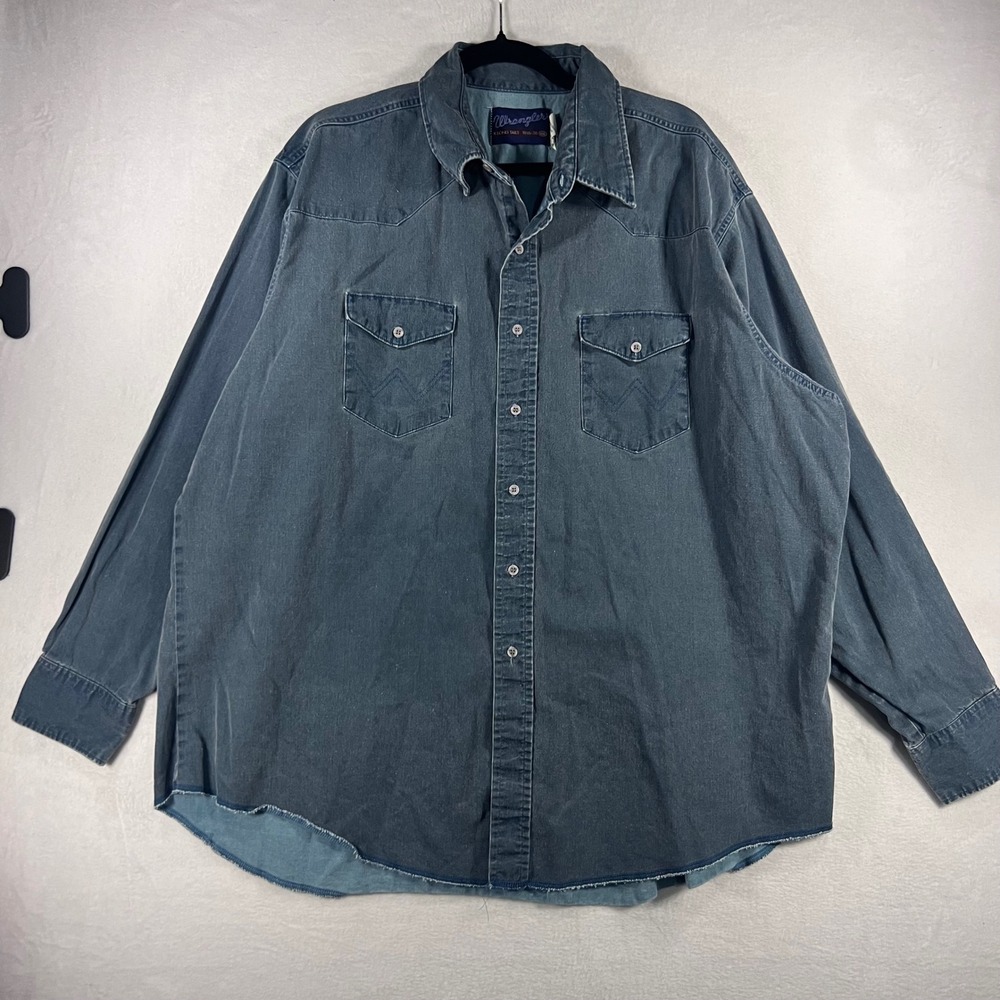 Wrangler Mens Western Denim Shirt XXL X-Long Tails Faded Blue‎ Gray Rodeo Cowboy